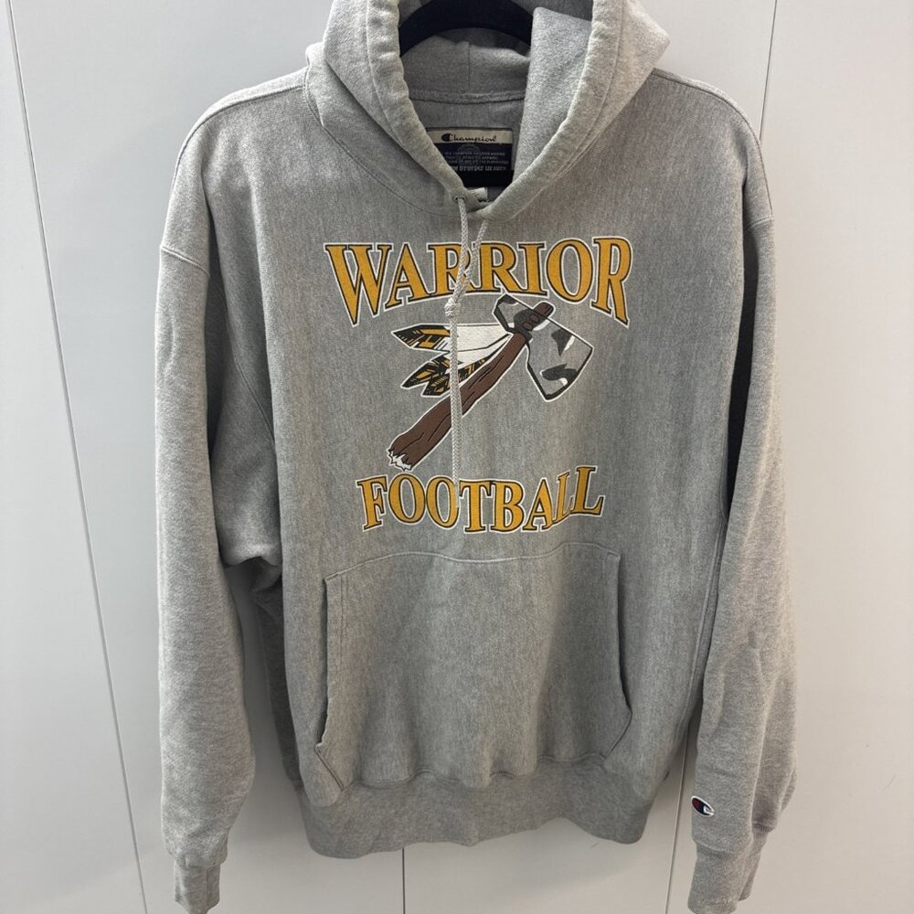 Vintage Champion Hoodie Mens Large Grey Premium Reverse Weave Warrior Football